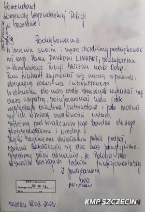 list z podziękowaniami dla policjanta ze Szczecina