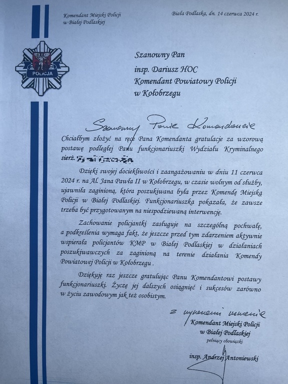 List gratulacyjny dla kołobrzeskiej funkcjonariuszki